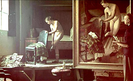 Sepp Hilz (1906-1967) in his studio with model Annerl Meierhanser while painting his canvas, "A Country Venus". Photographer unknown. 1939. The work was eventually purchased by Joseph Goebbels, the Nazi Reich Minister of Propaganda. 