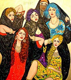 A recent oil painting by Wasima Al-Agha, a female painter who teaches art at Iraq’s Fine Arts Academy. Works like this not only challenge the western perception of Moslem women, they infuriate religious fundamentalists.