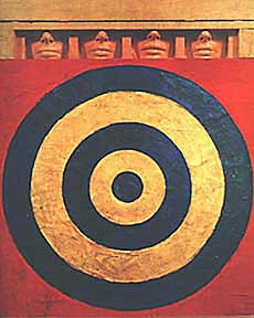  "Target with Four Faces" - Jasper Johns 1955. Encaustic on newspaper over canvas. Surmounted by four plaster faces in a wooden box. From out of the mists of pure abstraction, Johns presented this image to the world.