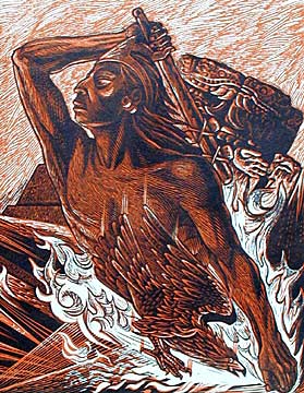 Caida de Tenochtitlan (Fall of Tenochtitlan) – Angel Bracho. Linoleum block print. 1950. Detail of inside front cover for the TGP portfolio, 450 Años De Lucha. 