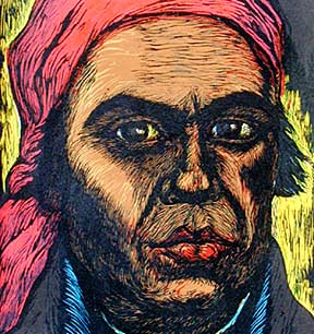 Morelos – Celia Calderón. Linoleum block print. 1960. Detail. In this rare multi-color print the artist portrayed José María Morelos, one the illustrious revolutionary military commanders of the 1810 independence war against Spain. Morelos was eventually captured by the Spanish and executed by firing squad in 1815.