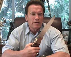 The Terminator In a video posted to his Twitter account, Gov. Schwarzenegger brandishes an enormous knife while talking about cutting government spending.