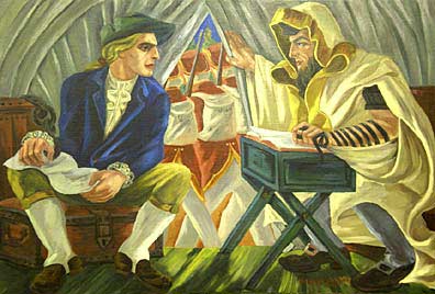 Revolutionary Patriot Chaim Soloman revealing secrets of Red Coat military activities to American Officer - Bernard Baruch Zakheim. Oil on canvas. 1940. A wealthy broker, Chaim Soloman became a leading financial backer of the American Revolutionary War against Great Britain.