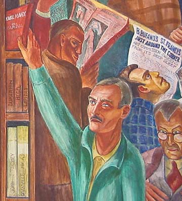 The Library - Bernard Zakheim. Detail of Coit Tower fresco mural. 1934. Zakheim included a portrait of fellow artist John Langley Howard reaching for a copy of Karl Marx’s Das Kapital.
