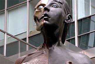Damien Hirst’s 35ft-tall statue of a young pregnant woman. Screen  capture from The Mona Lisa Curse.