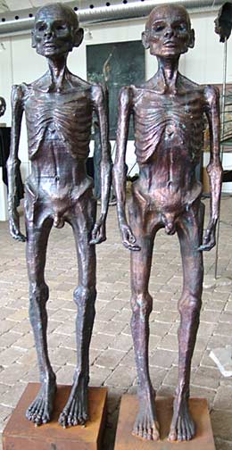This photograph from the artist’s studio shows two of Jens Galschiøt’s copper statues depicting starving African men. Photo courtesy AIDOH (Art In Defense of Humanism). www.aidoh.dk 