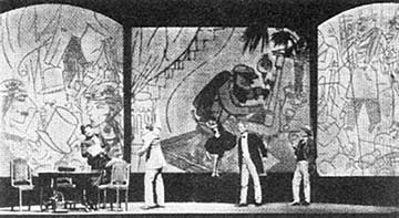 Stage design for Piscator’s 1928 production of "The Good Soldier Schweik," showing backdrop projected images by George Grosz.