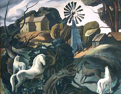 "Abandoned" – Millard Sheets. 1933. Oil on canvas. This painting of an abandoned farm has come to symbolize the Great Depression.