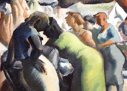 Deep Canyon – Millard Sheets. Detail. A close-up view of the bottom, left of center area of the painting, depicting female shoppers and vendors on the street.