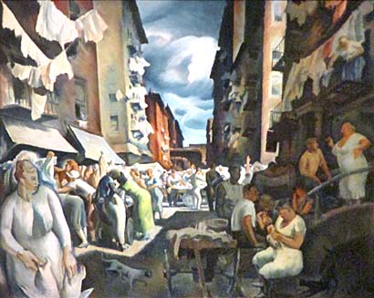 Deep Canyon – Millard Sheets. Circa 1930s. Oil on canvas. A Social Realist examination of a poor working class neighborhood.