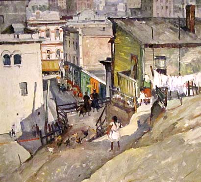 New High Street – Millard Sheets. 1930. Oil on canvas. A view of the unfashionable working class area of old downtown Los Angeles. New High Street was located near L.A.’s City Hall, which had been completed just two years prior to Sheet making this painting. 