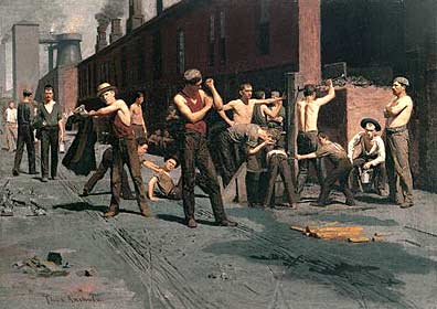 "The Ironworkers - Noontime" – Thomas Anshutz. Oil on canvas. 1880. 17 x 23 7/8 inches. From the collection of the Fine Arts Museums of San Francisco. 