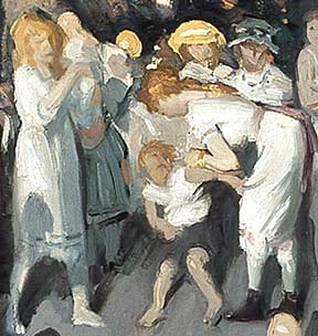 "Cliff Dwellers" - George Bellows (Detail). As with the central figures of Bellows' painting, the entire canvas was painted with a limited palette of colors using quick, spontaneous brush strokes.