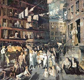 "Cliff Dwellers" - George Bellows. Oil on canvas. 1913. 40 1/4 x 42 1/8 inches. In this canvas, Bellows painted the poor immigrant slums of New York’s Lower East Side. This work is the very embodiment of American Social Realism.