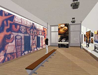 Projected Siqueiros Mural – Pugh + Scarpa Architects. Digital illustration. In this artist’s concept, one of the many proposed multi-media rooms in the Mural and Interpretive Center is pictured. In this particular room, a 30 ft. wide digital projection of the América Tropical mural will be displayed, along with other audio and visual materials.