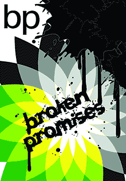 BP: Broken Promises – Logo design submitted by Foye. 2010. The artist had the following to say about the design, "'Back to Black' is a term aimed at maximum brand damage – BP have spent hundreds of millions re-branding themselves as the good green oil company. The helios in this image is fading, petals falling to the ground – creating a sense of behind the brand image."