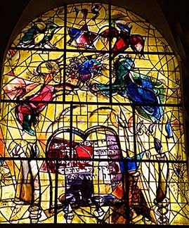 The Tribe of Levi - Marc Chagall. 1960. Stained glass. One of twelve windows, each measuring 11 feet high by 8 feet wide. Located in the synagogue of Hadassah Hospital, Jerusalem. Photograph - Creative Commons, Wikimedia.