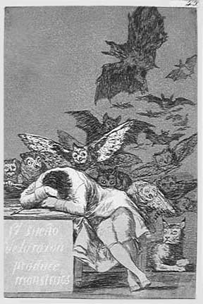 El sueño de la razon produce monstruos (The Sleep of Reason Produces Monsters). Francisco Goya. Etching, aquatint. 1796-1797. 8 7/16 x 5 7/8 inches. Plate number 43 from Los Caprichos.