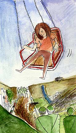 "Sheikh Jarrah" – Emily Henochowicz. "Sheikh Jarrah" – Emily Henochowicz. Pen and ink, watercolor. May, 2010. The artist captioned her drawing with the following words, "Amongst the chaos of the military and settler’s attempts to squander our ability to paint a mural, a little girl sadly sits on the swing set." Sheikh Jarrah is an Arab neighborhood in Jerusalem that is undergoing an official Israeli government policy of judaization. Palestinian families are forcibly evicted from their homes, which are then awarded to Jewish settlers. The Palestinians are of course resisting, and Israeli students have been protesting the evictions along with them. As recently as May 26, 2010, hundreds of Hebrew University students chanting "We won’t sit in class while rights are being trampled," marched from their Mount Scopus campus to rally in solidarity with Palestinians in Sheikh Jarrah. Henochowicz witnessed such a demonstration in early May, making it the theme of this drawing