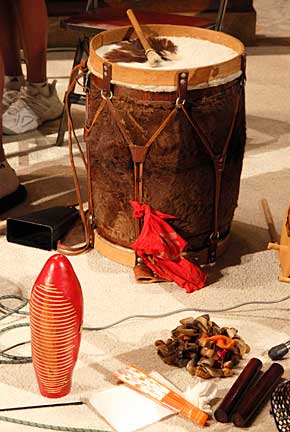 The bombo, an indigenous drum of the Andean region, sits onstage ready to be played in the Los Angeles performance by the MusicaLatitudes Ensemble. Photograph by Mark Vallen ©.