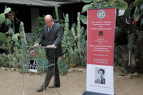 The Director of the Getty Conservation Institute, Timothy P. Whalen, at the press conference held at the historic Avila Adobe House, just prior to the groundbreaking ceremony. Photo by Mark Vallen ©.