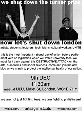 Flyer by Arts Against Cuts Flyer designed by an anonymous artist from "Arts Against Cuts," celebrating the Dec. 6 protest at the Tate Modern and announcing the Dec. 9, 2010, national day of student action against education cuts in the U.K. Image courtesy of artsagainstcuts.wordpress.com