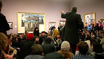 The occupied National Gallery of London Protestors occupy the National Gallery in London, Dec. 9, 2010. Some 200 protestors listen to a speaker as he makes a point about Manet's painting, "The Execution of Maximilian." Photo: Slade Occupation.