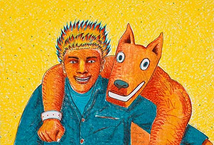 El Fireboy y El Mingo - Gilbert "Magú" Luján. Color lithograph on paper. 1988. 30 x 44 in. Magú depicted himself in this self-portrait with hair aflame and in the company of one of his anthropomorphized animal familiars. Collection of the Smithsonian American Art Museum.