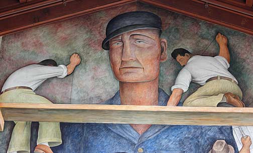 The artist used painter Viscount John Hastings (left) and sculptor Clifford Wight as models for the mural. Photo/Mark Vallen ©