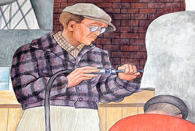 This detail from Rivera's mural depicts a sculptor at work. In reality the painting was a portrait of Ralph Stackpole (1885-1973), Rivera's friend and associate. Stackpole was not only a leading American social realist painter, printmaker, muralist, and sculptor; he was one of San Francisco's leading artists. Photo/Mark Vallen ©
