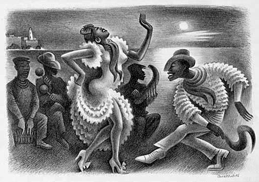 "Rumba" Miguel Covarrubias. Lithograph. 1942. This, and other superlative lithographs by the artist are on view at the CAAM exhibit.