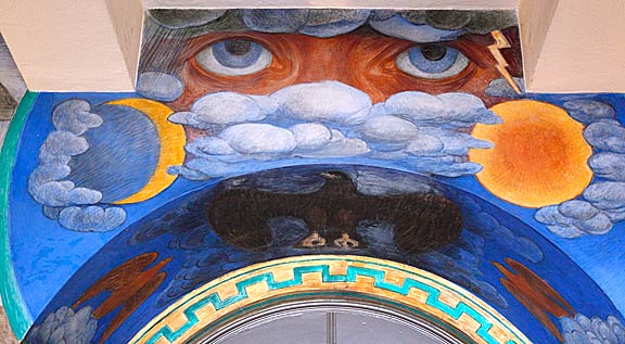 Detail from the Coit Tower mural, "Animal Force", by artist Ray Boynton. The artist painted the celestial eyes over an  elevator doorway on the building's first floor. Photograph by Mark Vallen ©.