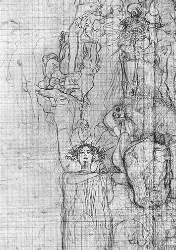 Gustav Klimt. Black crayon and pencil. Circa 1900. Study for the mural, "Medicine". The mural was destroyed by the Nazis in 1945. Collection of the Albertina Museum of Vienna, Austria, on view at the Getty. 