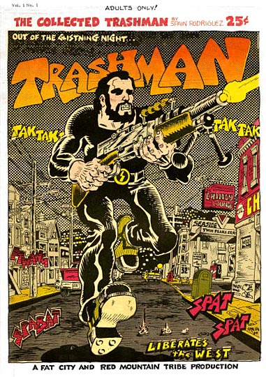 "Out of the glistening night... Trashman" - Spain Rodriquez. Original cover art for "The Collected Trashman" Vol. 1, No. 1. 1972. The tabloid was published by the Red Mountain Tribe, the same radical collective that produced and distributed the Berkeley Tribe underground paper in Berkeley, California.  