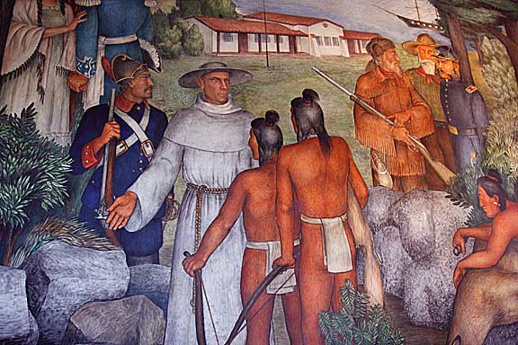 Detail of Victor Arnautoff's 1935 fresco mural at the Main Post Chapel at the Presidio of San Francisco. A panoramic history of the land where the Presidio was established. Photo by Mark Vallen ©. 