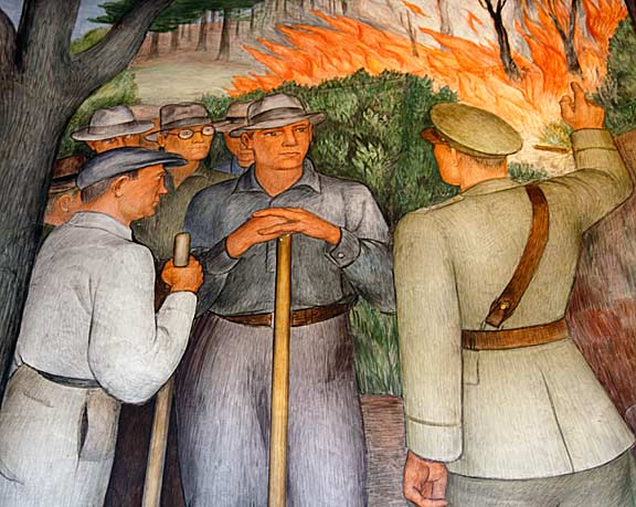 Detail of Arnautoff's mural depicting the August 27, 1915 fire at the Presidio that killed the wife and children of General John "Black Jack" Pershing. Photo by Mark Vallen ©. 
