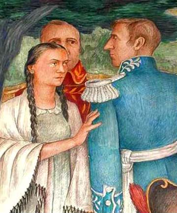 Detail of Arnautoff's portrait of Maria de la Concepción Marcela Argüello, her father Don José Darío Argüello (pictured dressed in a red uniform), and the Russian chamberlain to Czar Alexander I, Nikolai Petrovich Rezanov (in a blue uniform). Photo courtesy of the National Parks Service ©.  