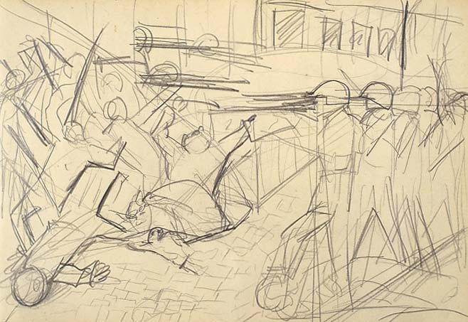 Sketch for "Street Fight" - Otto Dix. Pencil on paper. 1924. The artist created this study in a 1924 sketch book.