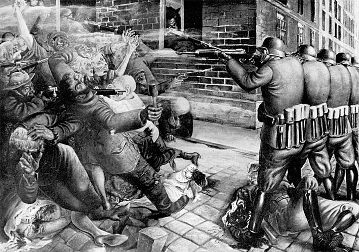 Straßenkampf (Street Fight) - Otto Dix. 1927. Medium unknown. In all probability this painting was destroyed by the Nazis. Photographer of the painting, unknown. Reproduction courtesy the Sterling and Francine Clark Art Institute Library Photo Archive.