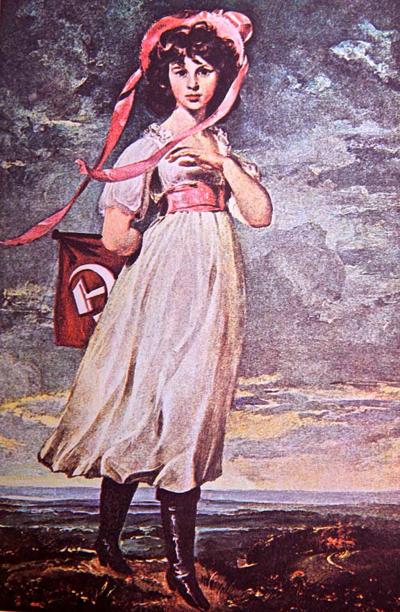 "Sarah Barrett Moulton: Pinkie" - Altered painting by Kimball, based on an original by Sir Thomas Lawrence (British, 1769-1830). Lawrence painted this masterpiece in 1794,  Kimball transformed the subject into a militant communist activist. At the time, "Pinko" was a pejorative aimed at those who were left of center politically. 