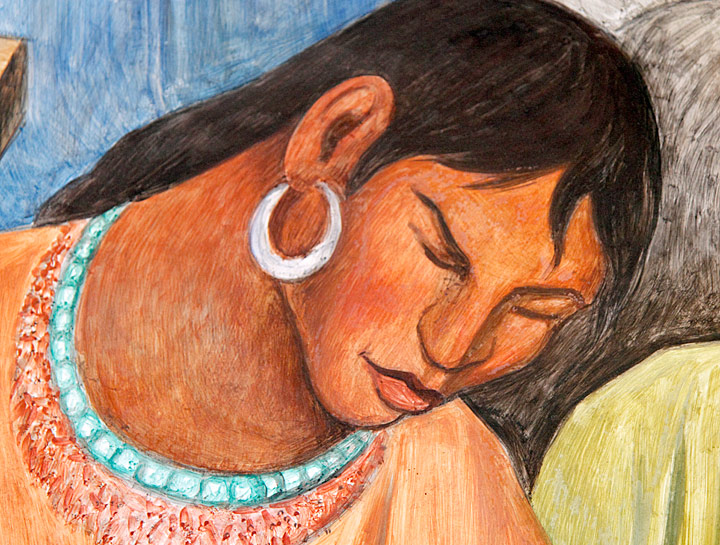This is one of the anonymous indigenous artists that appears in the lower left of the mural segment; the figure weaves a basket and appears directly below Rivera's self-portrait. The female figure wears earrings of silver and a necklace of jade and coral. This close-up view shows how quickly and loosely Rivera and his assistants painted the fresco. Photograph by Mark Vallen ©