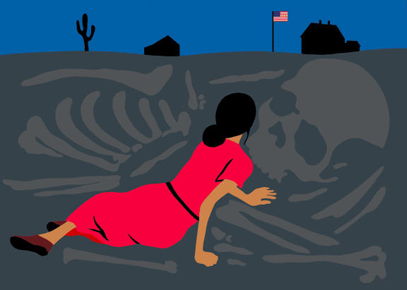 "Catalina’s World" - Nancy Hom. Digital print, 2011. "As she treads wearily towards the promised land of El Norte, the very earth she crawls upon becomes death itself."