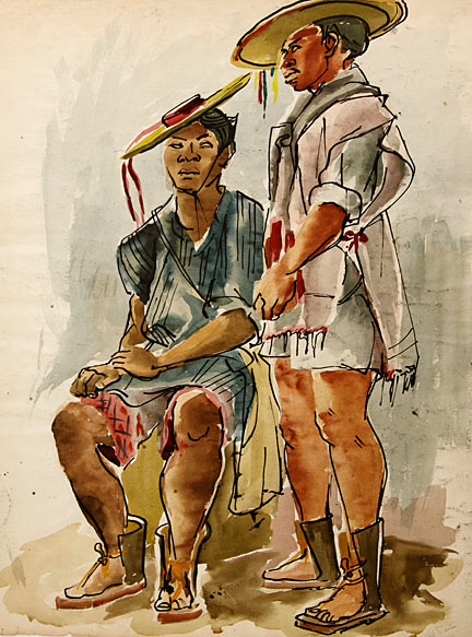 Philip Stein's watercolor portrait of two indigenous men from Chiapas, Mexico, circa 1948.