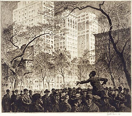 "The Orator, Madison Square" - Martin Lewis. Etching. 1916. Collection of the DIA.