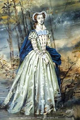 Costume design for the NYCO production of Gaetano Donizetti's "Maria Stuarda." Created by costume designer Jose Varona, Beverly Sills wore this dress in her starring role as Stuarda.   