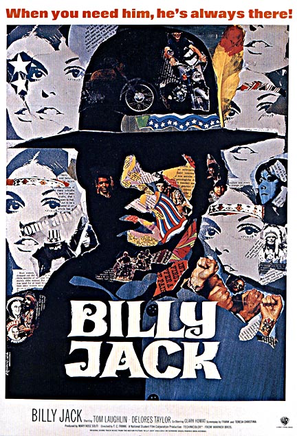Movie poster for Tom Laughlin's 1971 film, "Billy Jack." Artist Ermanno created a montage using newspaper photos and stories of the day to form a portrait of the fictional super hero, Billy Jack.