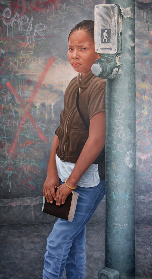 "Urban Landscape: She disappeared in a cloud of graffiti." - Mark Vallen 2013 ©. <br>Oil on canvas. 30" x 50" inches. 