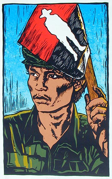 "Sandinista" – Mark Vallen. Linoleum block & serigraphic print. 1986. Nine color silkscreen print created to commemorate the anniversary of Augusto César Sandino’s death.