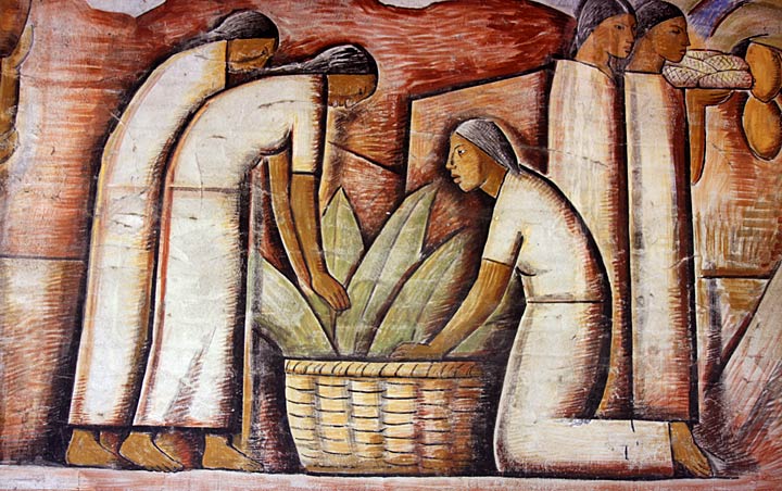 A group of five women prepare to sell succulent agave cactus and corn, in this nearly complete mural panel. The central area of the composition had received the most washes of color before the artist stopped working. Photo by Mark Vallen ©.