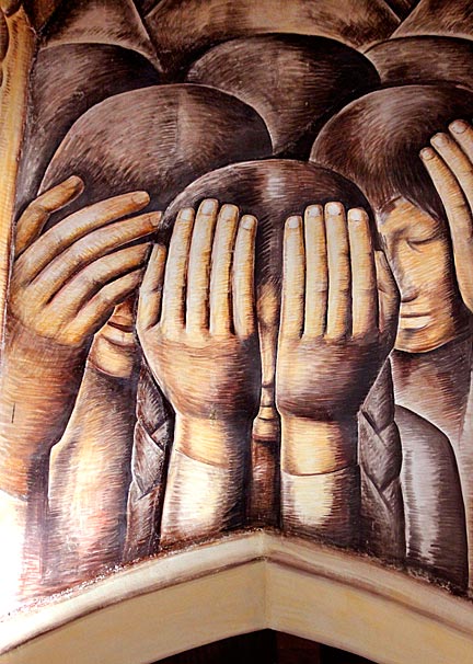 Detail of the mural from the Chapel of the Santa Barbara Cemetery. Alfredo Ramos Martínez. 1934. "The invisible ones that silently suffer the indignities heaped upon them by a cruel and indifferent world." Photograph by Mark Vallen ©.